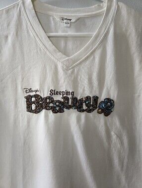Y2K Disney Womens XL Cream VNeck T with Sequin Sleeping Beauty Logo Cotton Blend